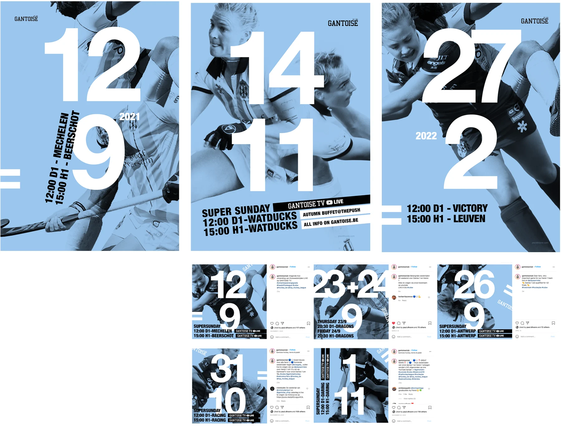 Dhover portfolio :: Gantoise posters eredivisie matches en instagram visuals, evolutie